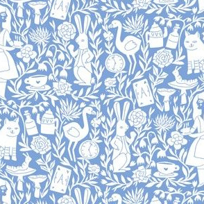 alice in wonderland linocut - linocut fabric, block print fabric, storybook fabric, andrea lauren fabric, andrea lauren design -  blue