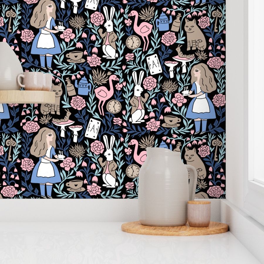 alice in wonderland linocut - linocut fabric, block print fabric, storybook fabric, andrea lauren fabric, andrea lauren design - pink and blue