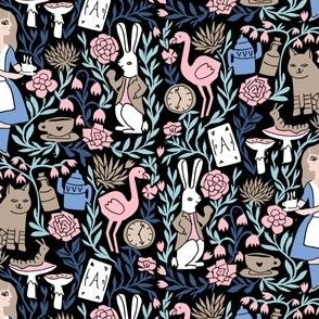 alice in wonderland linocut - linocut fabric, block print fabric, storybook fabric, andrea lauren fabric, andrea lauren design - pink and blue