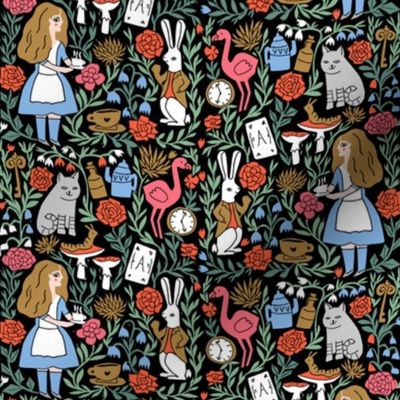 alice in wonderland linocut - linocut fabric, block print fabric, storybook fabric, andrea lauren fabric, andrea lauren design - multi