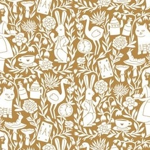 alice in wonderland linocut - linocut fabric, block print fabric, storybook fabric, andrea lauren fabric, andrea lauren design - mustard