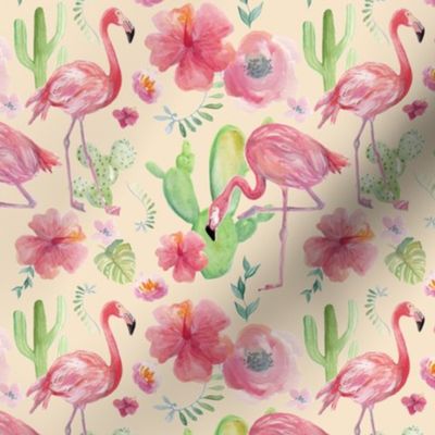 Tropical Flowers and Flamingoes