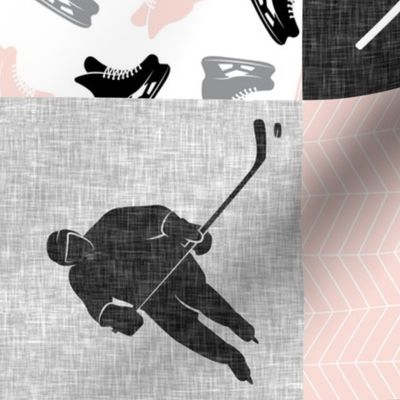 Eat Sleep Hockey - Ice Hockey Patchwork - Hockey Nursery - Wholecloth pink, black, and grey (90) - LAD19