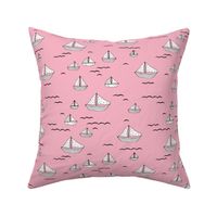 Summer sea little sailing boat and tiny ships and waves on water pink girls