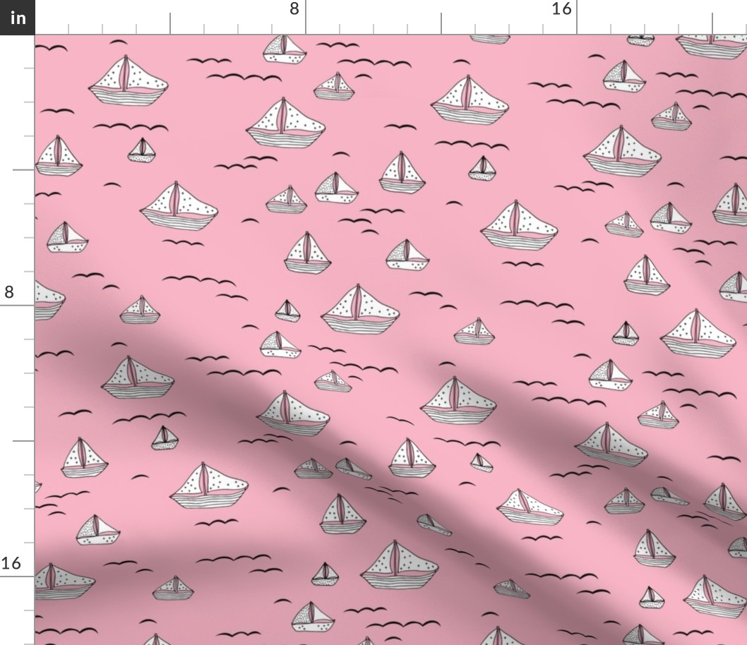 Summer sea little sailing boat and tiny ships and waves on water pink girls