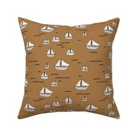 Summer sea little sailing boat and tiny ships and waves on water neutral nursery caramel white