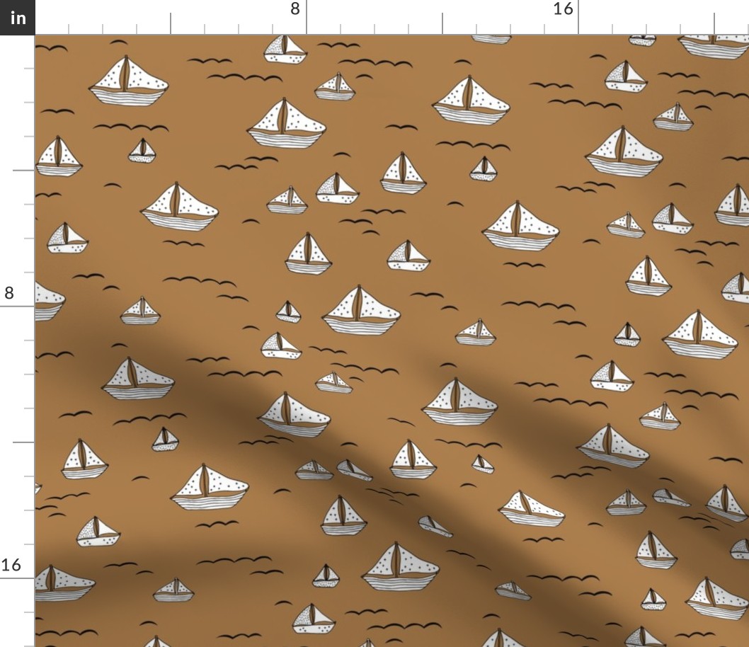 Summer sea little sailing boat and tiny ships and waves on water neutral nursery caramel white