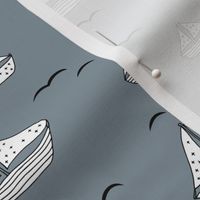 Summer sea little sailing boat and tiny ships and waves on water neutral nursery cool gray