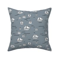 Summer sea little sailing boat and tiny ships and waves on water neutral nursery cool gray