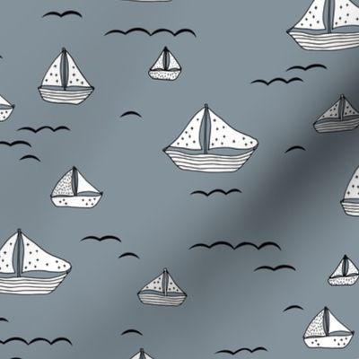 Summer sea little sailing boat and tiny ships and waves on water neutral nursery cool gray