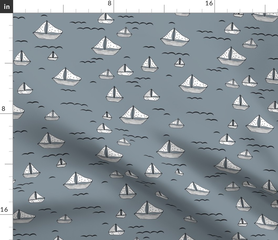 Summer sea little sailing boat and tiny ships and waves on water neutral nursery cool gray