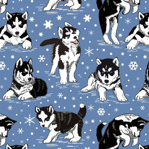 Husky puppies and snowflakes 16x16