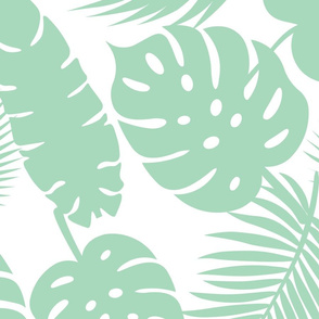 Tropical Leaves - Aqua on White - Large