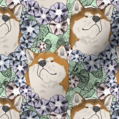 Floral red Japanese Akita Inu portraits