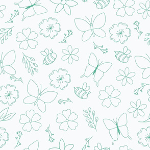 Teal Flower and Wings outline on white