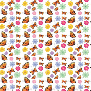 Monarch Butterflies and Flowers on White