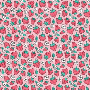 Strawberries Strawberry & Flowers Summer Fruit Red on Pink Tiny Small 0,75 inch