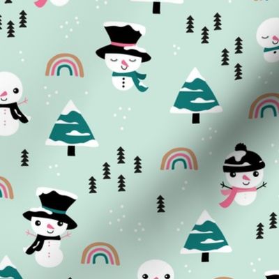 Little winter rainbows and snowy snowman pine trees christmas holiday mint pink girls