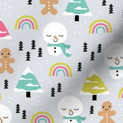 Little winter rainbows and snowy snowman and gingerbread men pine trees christmas holiday colorful girls
