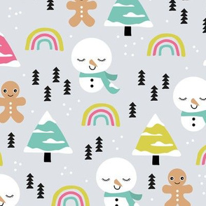 Little winter rainbows and snowy snowman and gingerbread men pine trees christmas holiday colorful girls