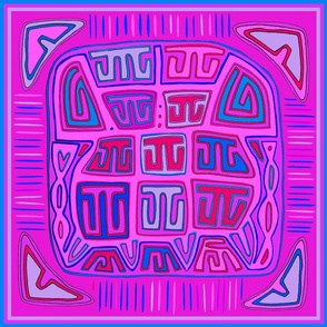 Panama Kuna Indian Mola Abstract - Pink Blue Violet 22x22