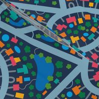 Bird's Eye View Abstract Suburban Cityscape Urban Roads Map in Multi-Colour Blue Red Turquoise Yellow Orange Green - UnBlink Studio Jackie Tahara