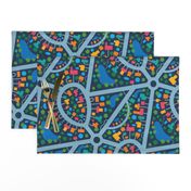 Bird's Eye View Abstract Suburban Cityscape Urban Roads Map in Multi-Colour Blue Red Turquoise Yellow Orange Green - UnBlink Studio Jackie Tahara