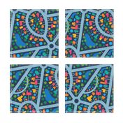 Bird's Eye View Abstract Suburban Cityscape Urban Roads Map in Multi-Colour Blue Red Turquoise Yellow Orange Green - UnBlink Studio Jackie Tahara