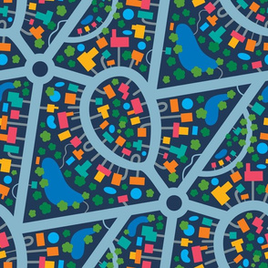 Bird's Eye View Abstract Suburban Cityscape Urban Roads Map in Multi-Colour Blue Red Turquoise Yellow Orange Green - UnBlink Studio Jackie Tahara