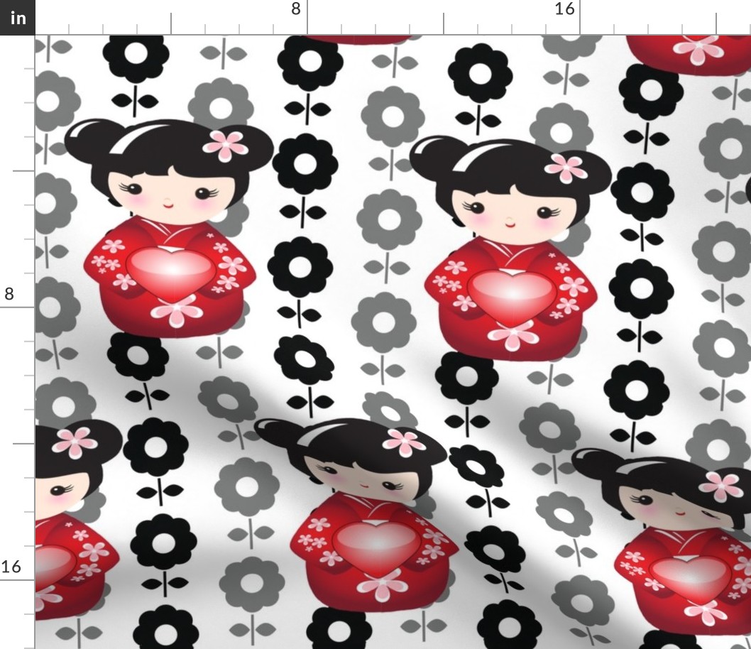 Kokeshi Asian Girl in Red Black Flowers 