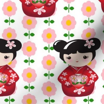 Kokeshi Asian Girl in Red Pink Flowers