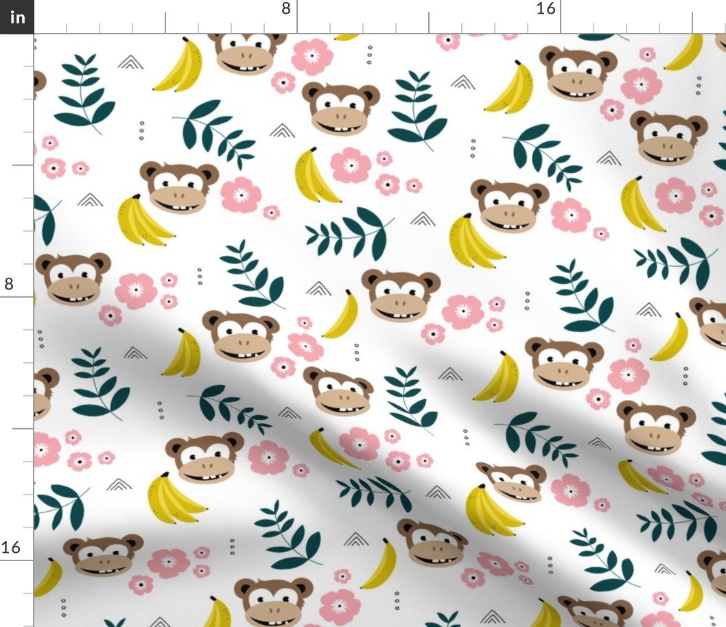 Summer monkey banana jungle palm leaves and flowers green yellow pink girls