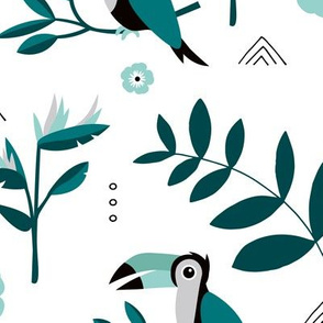 Toucan Hawaii jungle palm leaves and blossom summer kids rainforest blue teal neutral JUMBO