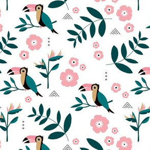 Toucan Hawaii jungle palm leaves and blossom summer kids rainforest pink teal girls