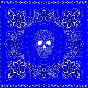 2 american Western blue paisley bandanna white black sugar skulls leaves leaf floral flowers scarf scarves handkerchief vintage antique neckerchief cultural    