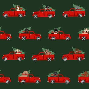 christmas dachshund red truck fabric - cute doxie fabric, cute dachshund fabric, dog fabric, dog design,  - dark green