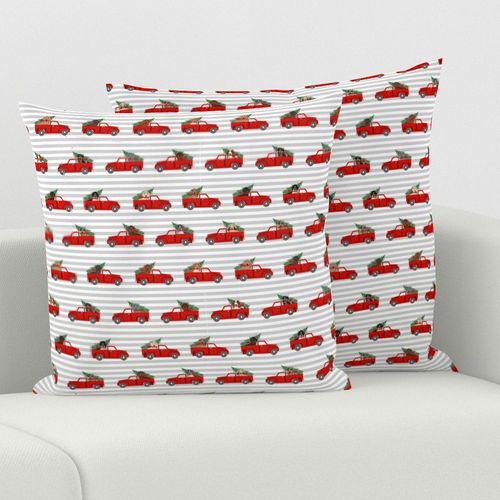 christmas dachshund red truck fabric - cute doxie fabric, cute dachshund fabric, dog fabric, dog design,  - grey stripe