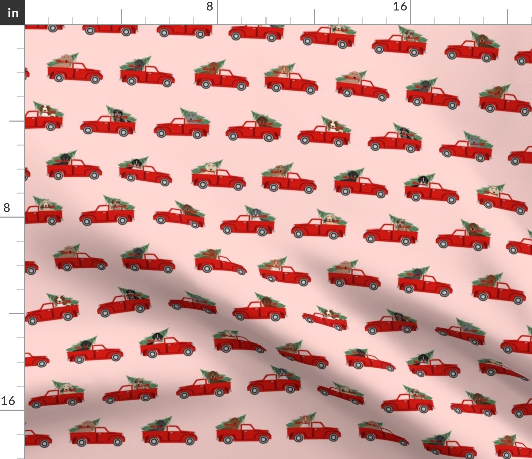 christmas dachshund red truck fabric - cute doxie fabric, cute dachshund fabric, dog fabric, dog design,  - pink