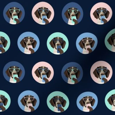 german shorthaired pointer dog selfie fabric, dog selfie, cute selfie, cute dog, glasses, dog glasses, dogs -  navy