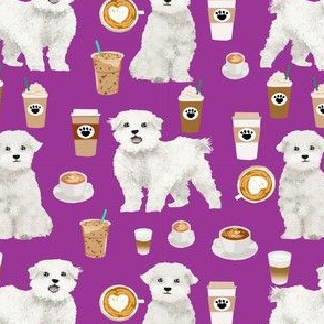 maltese coffee fabric - dog coffee fabric, maltese fabric, dog design, cute dog fabric - purple