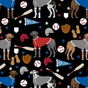 great dane baseball fabric - dog fabric, baseball fabric, dogs design, cute dog - americas pasttime - black
