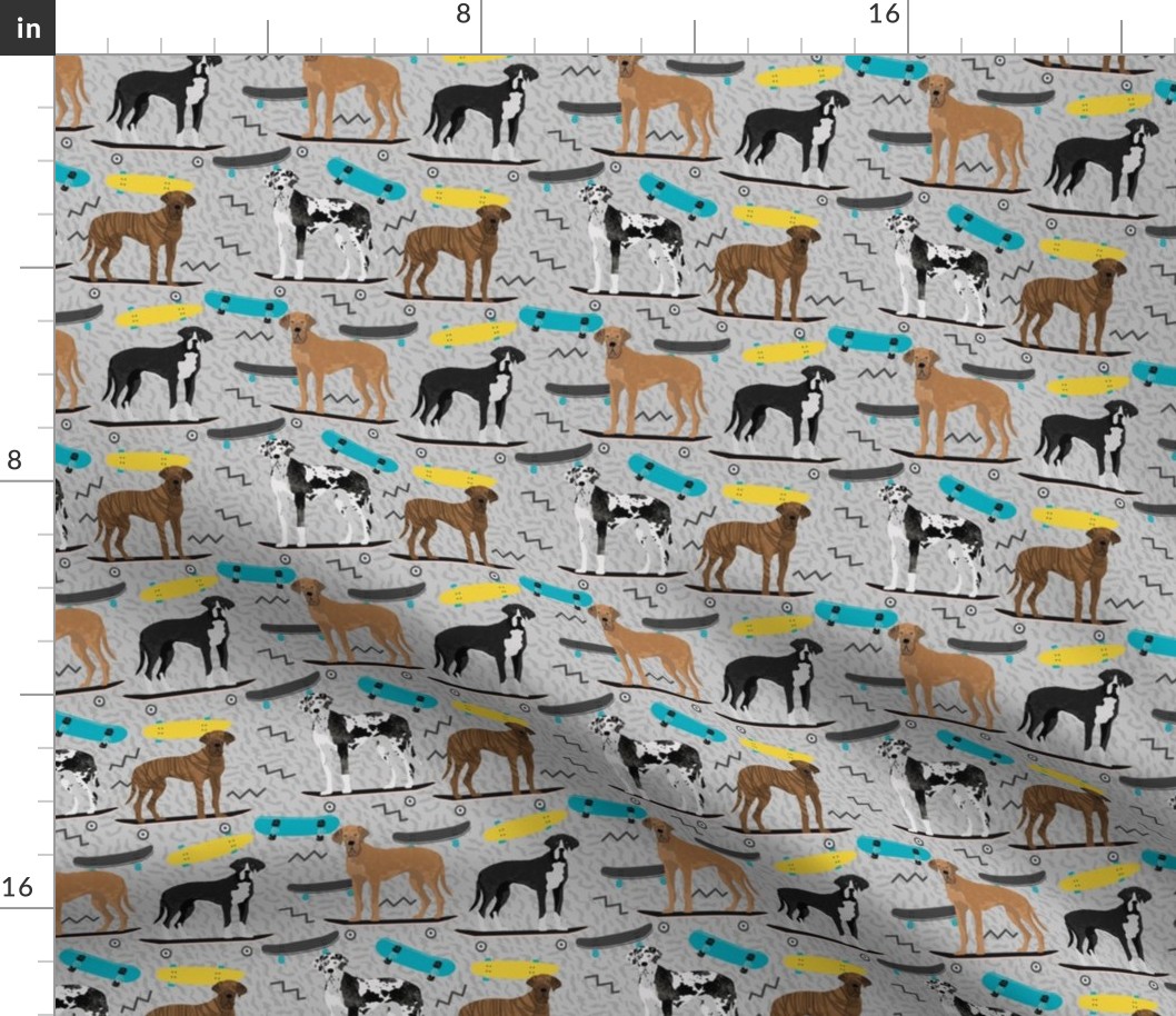 great dane skateboard fabric - retro cool dude fabric, skateboarding dog fabric, dogs fabric, great danes fabric - grey