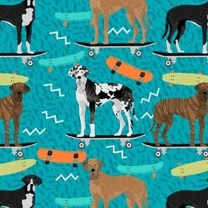 great dane skateboard fabric - retro cool dude fabric, skateboarding dog fabric, dogs fabric, great danes fabric - teal