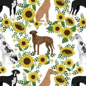 great dane sunflowers fabric - dog fabric, sunflowers fabric, yellow fabric - white