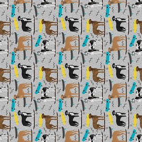 SMALL - great dane skateboard fabric - retro cool dude fabric, skateboarding dog fabric, dogs fabric, great danes fabric - grey