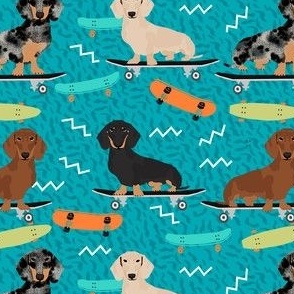 doxie skateboard fabric - sk8 fabric, dog fabric, dogs fabric, cute dog - teal