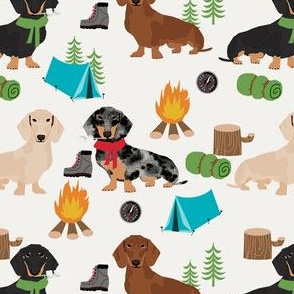 doxie camping fabric - dog fabric, dachshund fabric, campfire fabric, outdoors adventurer fabric - cream