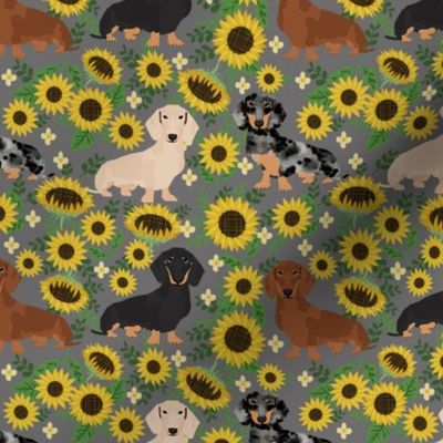 doxie sunflower fabric - dog sunflower fabric, sunflowers fabric, dog design - grey