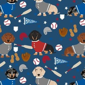 doxie baseball fabric - dachshund baseball design, dog fabric, dog pattern, cute dachshund design - navy