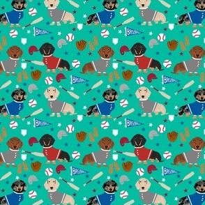 doxie baseball fabric - dachshund baseball design, dog fabric, dog pattern, cute dachshund design - green